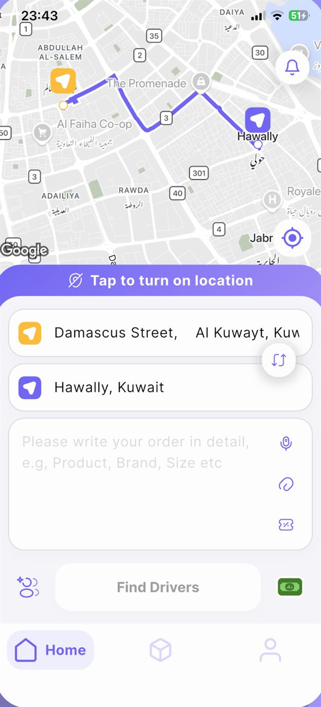 Creating an order in the RZQ app: pickup, drop-off and order details