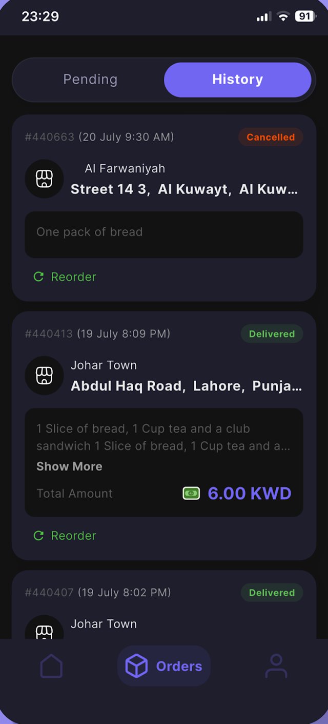 RZQ order history showing pending and delivered orders with totals
